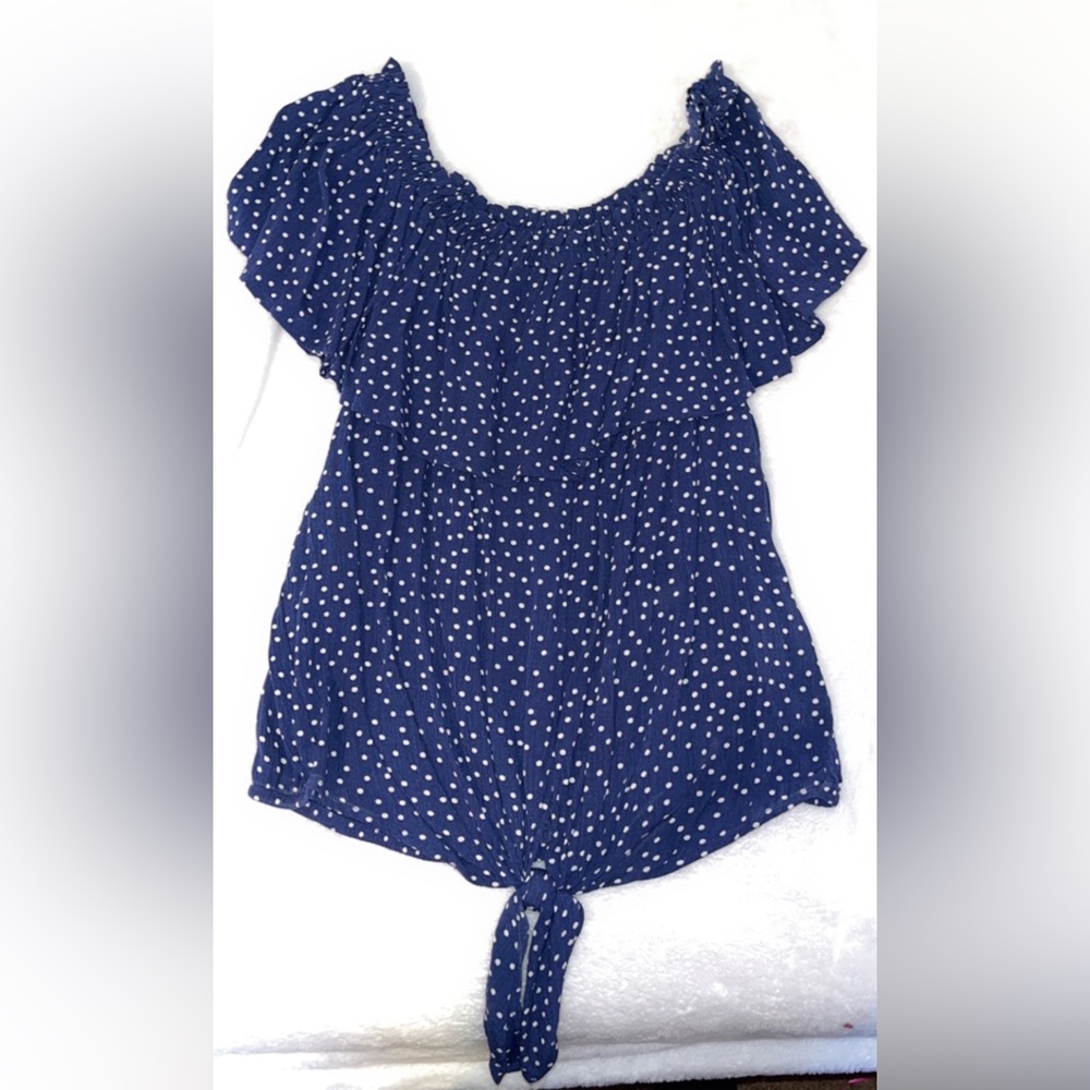 off the shoulder navy blue w/ white polka dots blouse